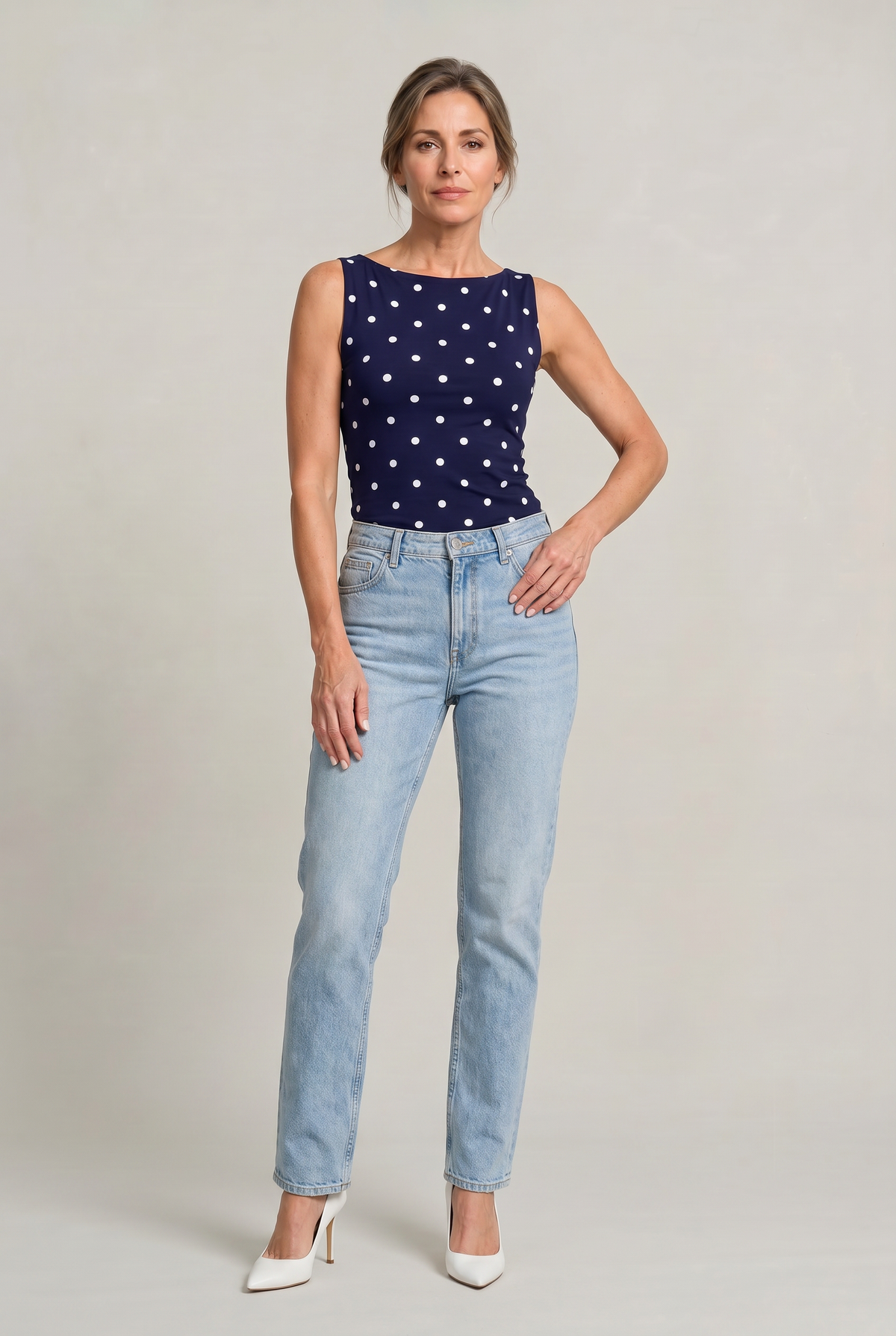 Women's Polka Dot Top | Round Neck Sleeveless Fitted Knit