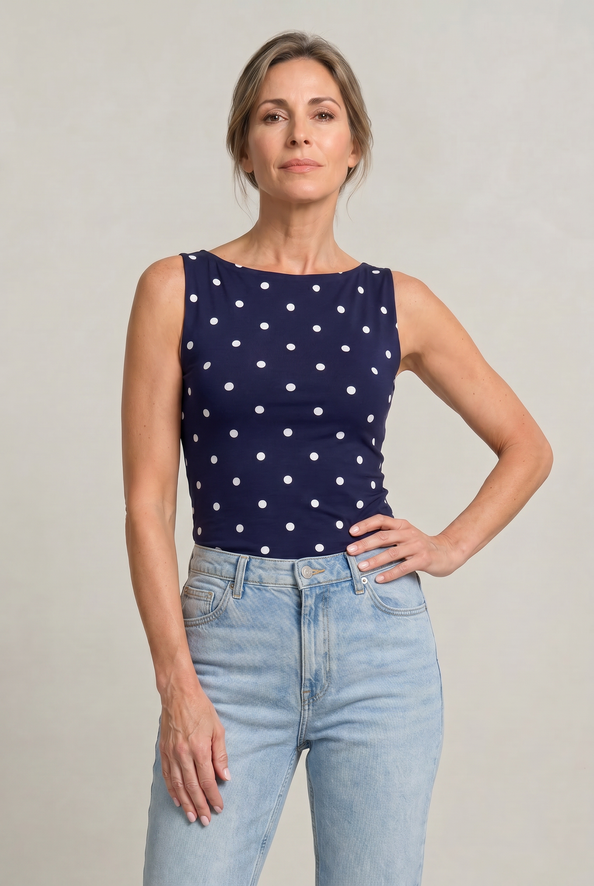 Women's Polka Dot Top | Round Neck Sleeveless Fitted Knit