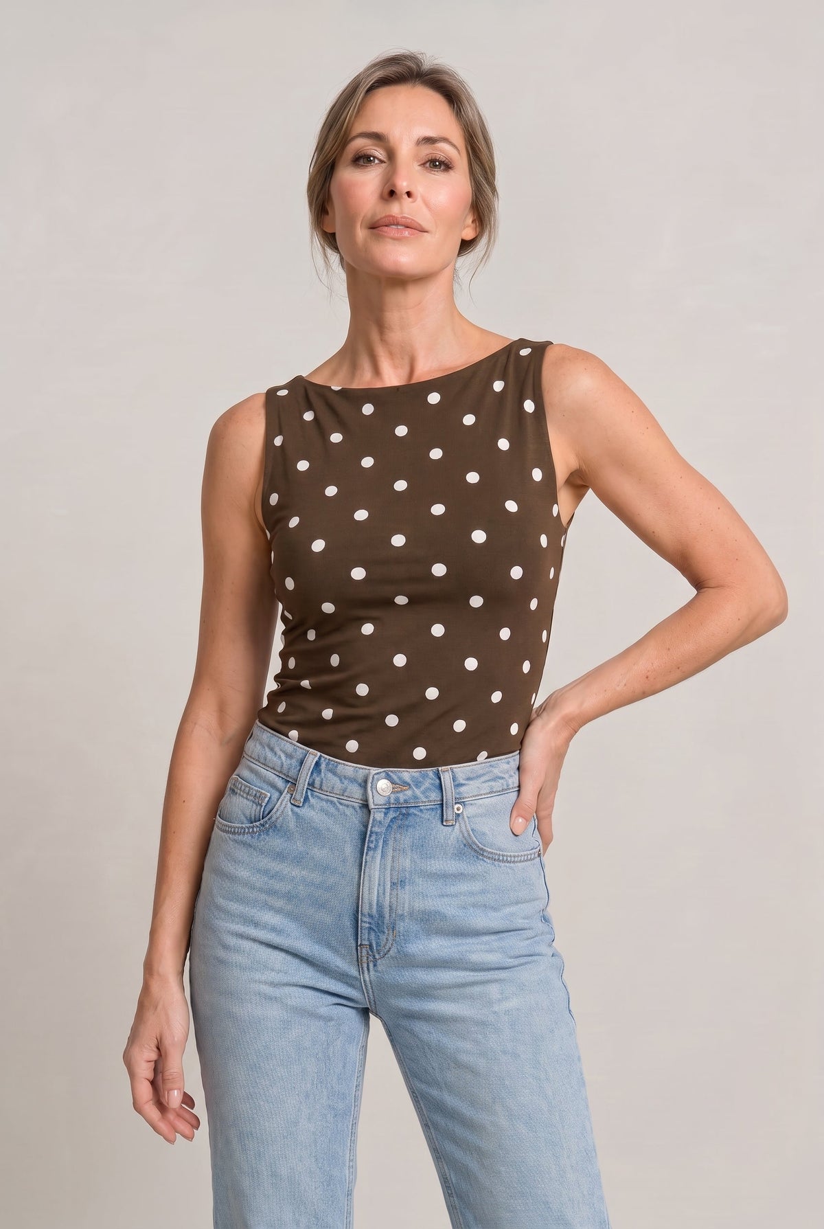 Women's Polka Dot Top | Round Neck Sleeveless Fitted Knit