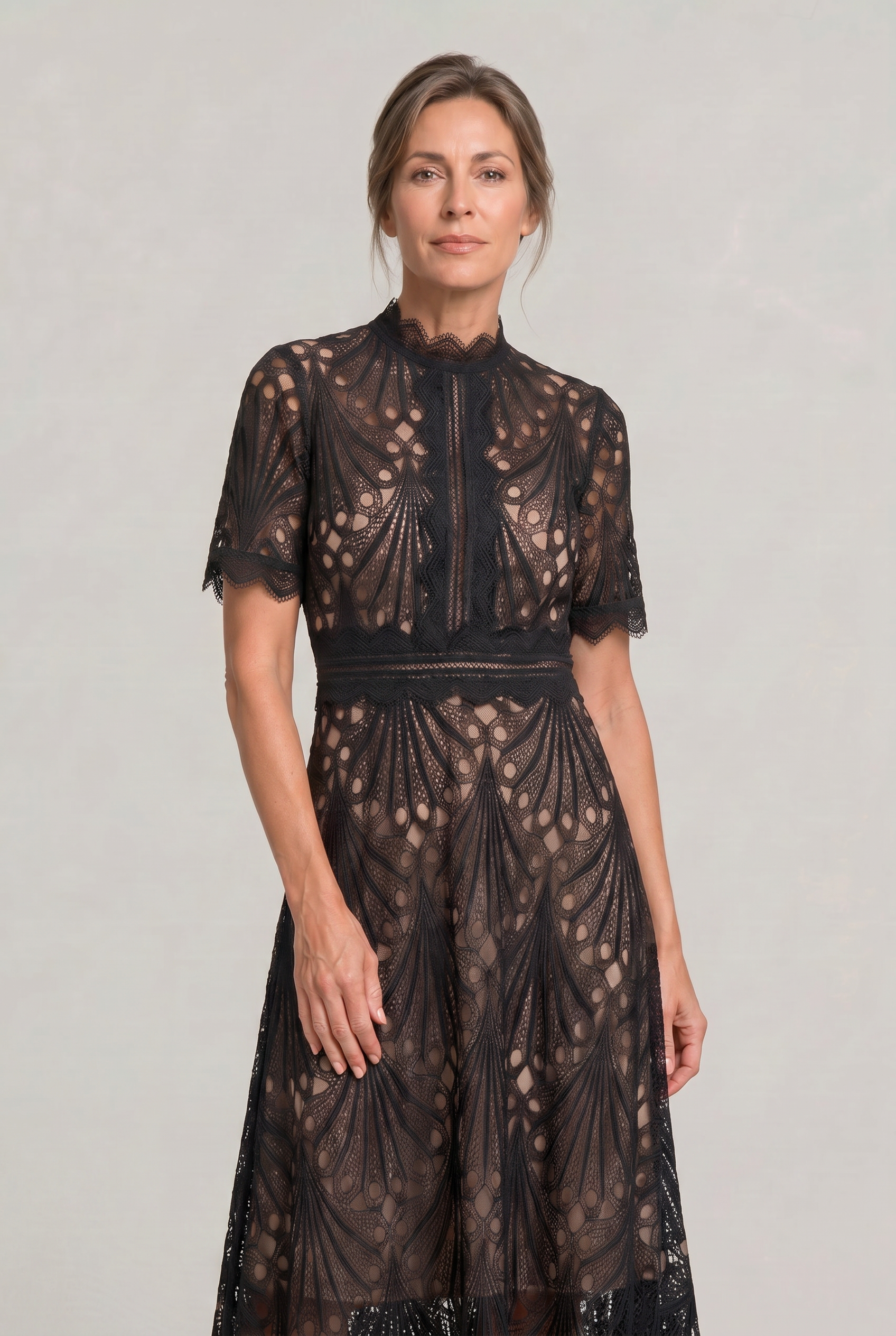 Women's Mother Of The Bride Dress | Midi High Neck Short Sleeve Lace