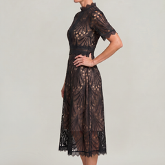 Women's Mother Of The Bride Dress | Midi High Neck Short Sleeve Lace