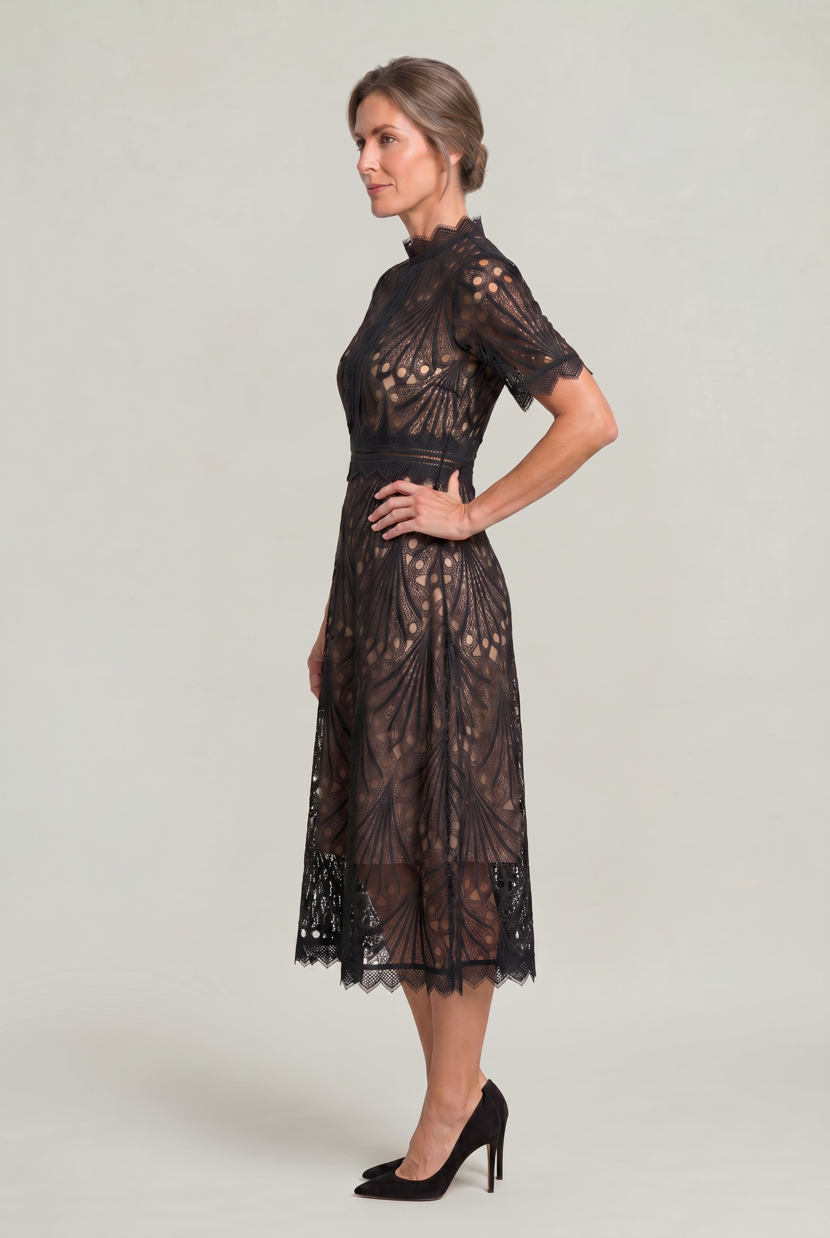Women's Mother Of The Bride Dress | Midi High Neck Short Sleeve Lace