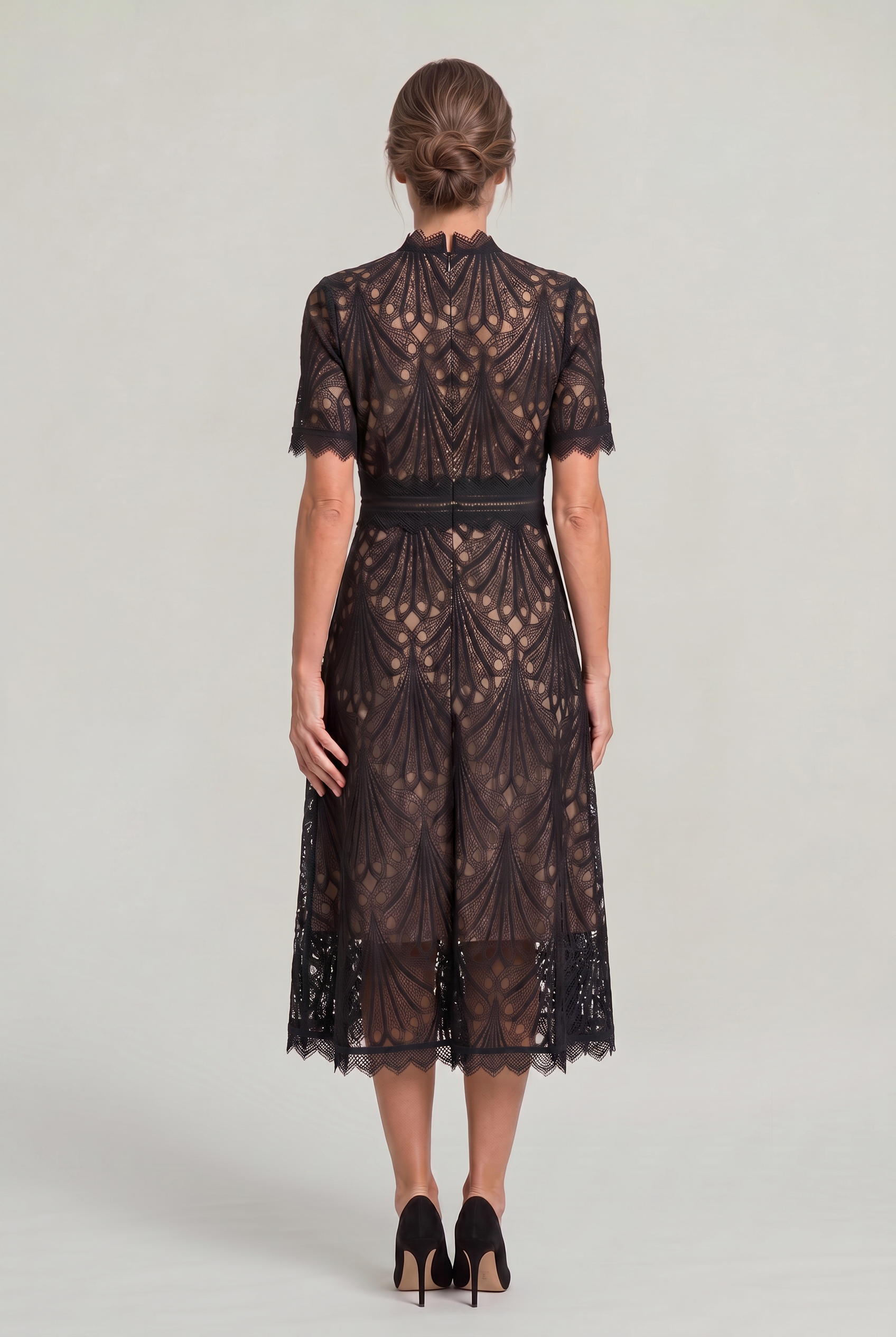 Women's Mother Of The Bride Dress | Midi High Neck Short Sleeve Lace