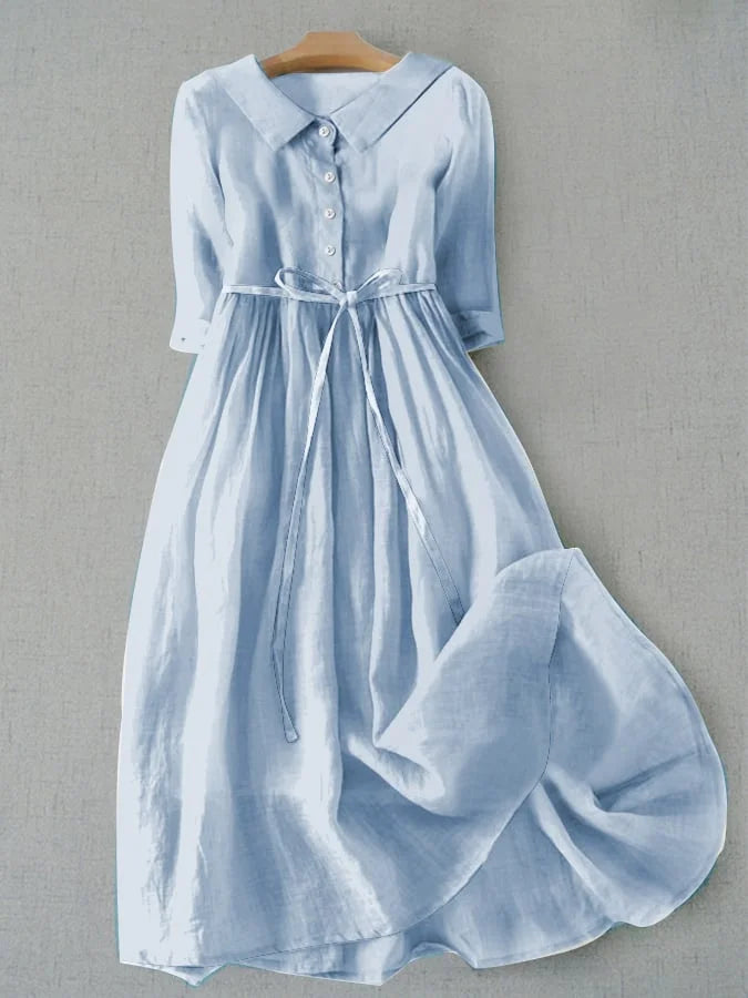 Isabella | Elegant Cotton Linen Lace-Up Half-Sleeve Dress 0