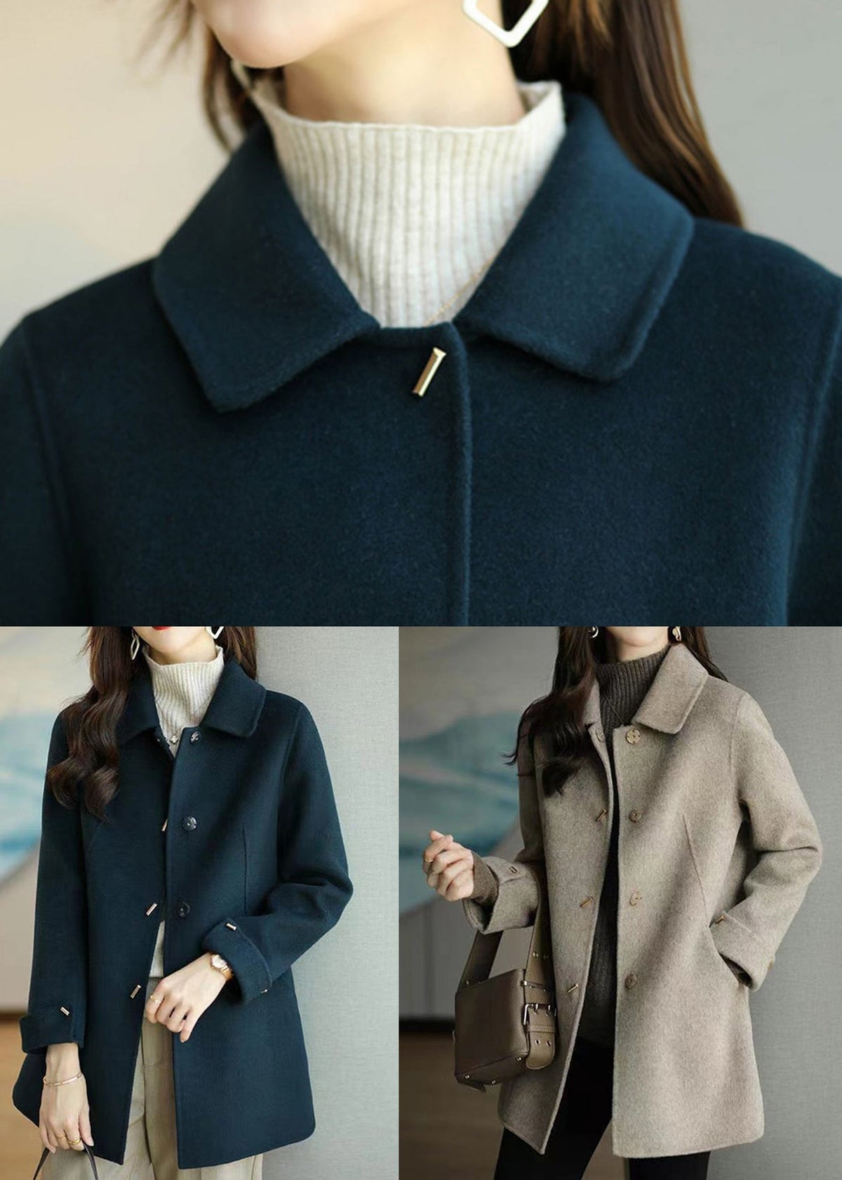 Stylish & elegant women's Peter Pan collar coat with pockets, perfect outerwear for a chic autumn/winter look.