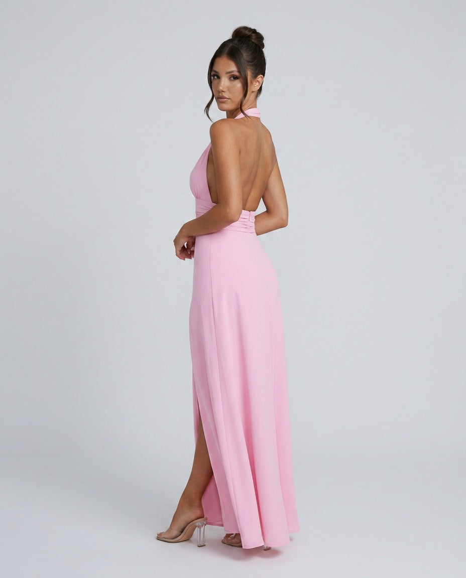 Women's Wedding Guest Dress | Maxi Halter Neck Leg Slit Polyester