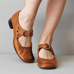 Women's Leather Sandals | Mary Jane Strap Closed Toe Low Heel
