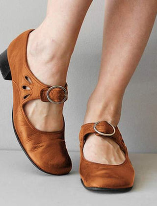 Women's Leather Sandals | Mary Jane Strap Closed Toe Low Heel