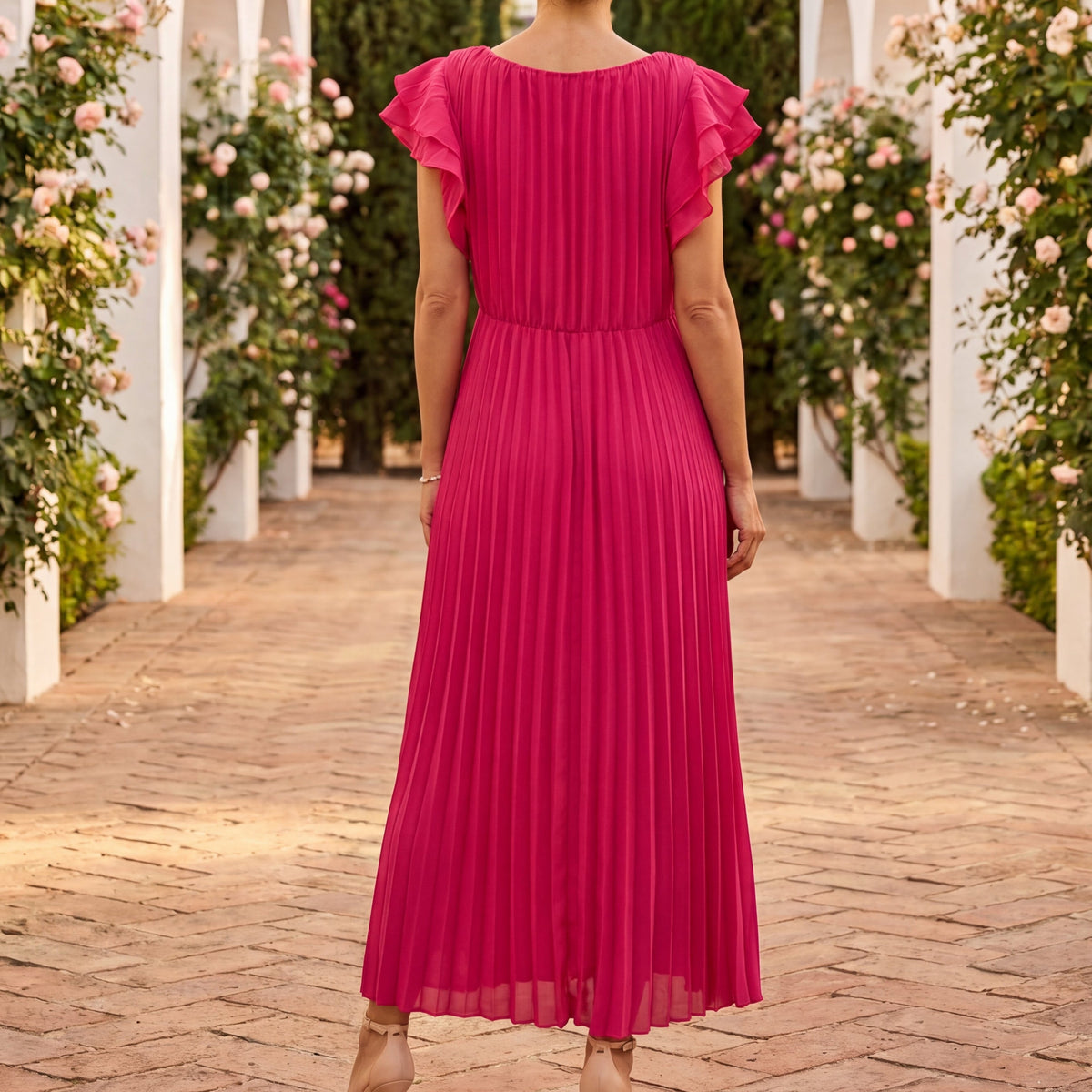 Women's Wedding Guest Dress | Midi Length Ruffle Sleeve Twisted Waist Knit