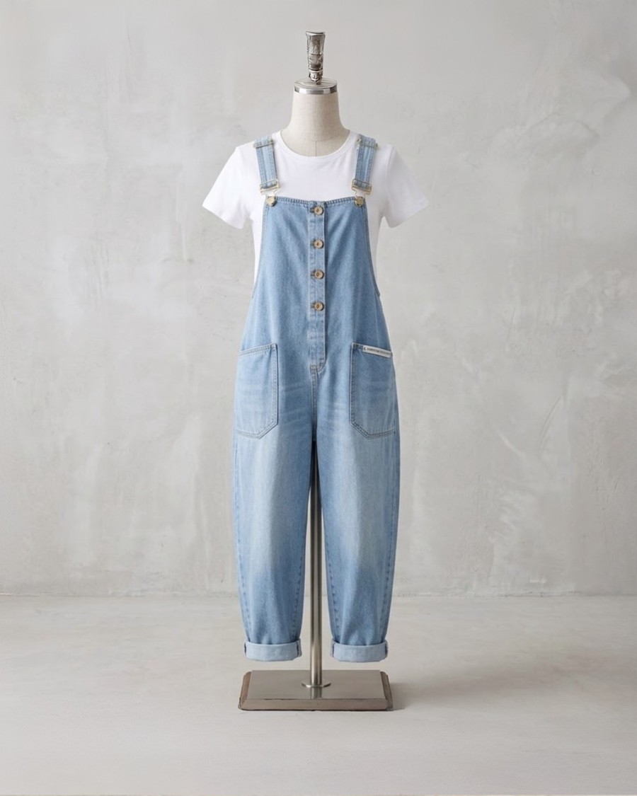 Women's Denim Overall | Button Front Relaxed Fit Wide Leg