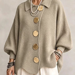 Women's Cardigan | Oversized Lantern Sleeves Scalloped Hem Button Closure