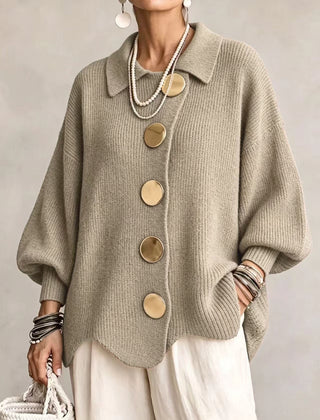 Women's Cardigan | Oversized Lantern Sleeves Scalloped Hem Button Closure