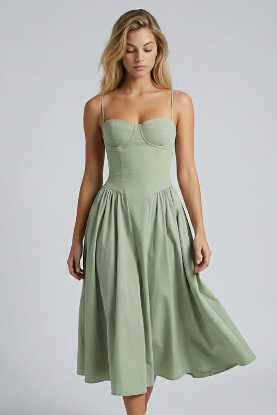 Women's Green Sundress | Midi Bustier Corset Adjustable Straps