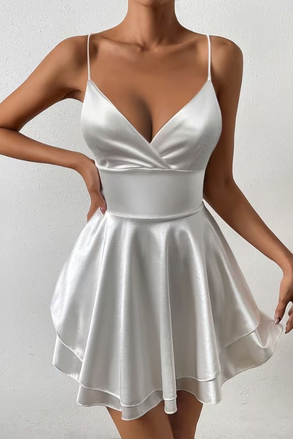 Klaudia | Lustrous Satin Open-Back Pleated Skater Mini Dress 0
