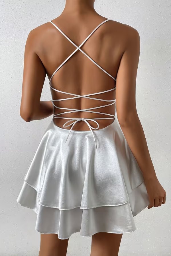 Klaudia | Lustrous Satin Open-Back Pleated Skater Mini Dress 1