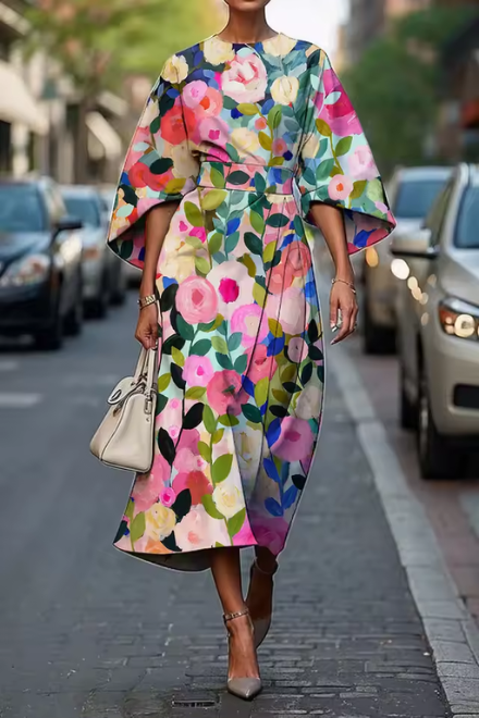 Women's Floral Dress | Midi Length Wrap Closure Flutter Sleeve
