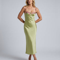 Women's Green Bridesmaid Dress | Maxi Sweetheart Neckline Floral Straps