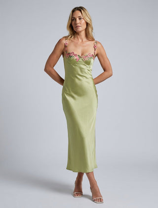 Women's Green Bridesmaid Dress | Maxi Sweetheart Neckline Floral Straps
