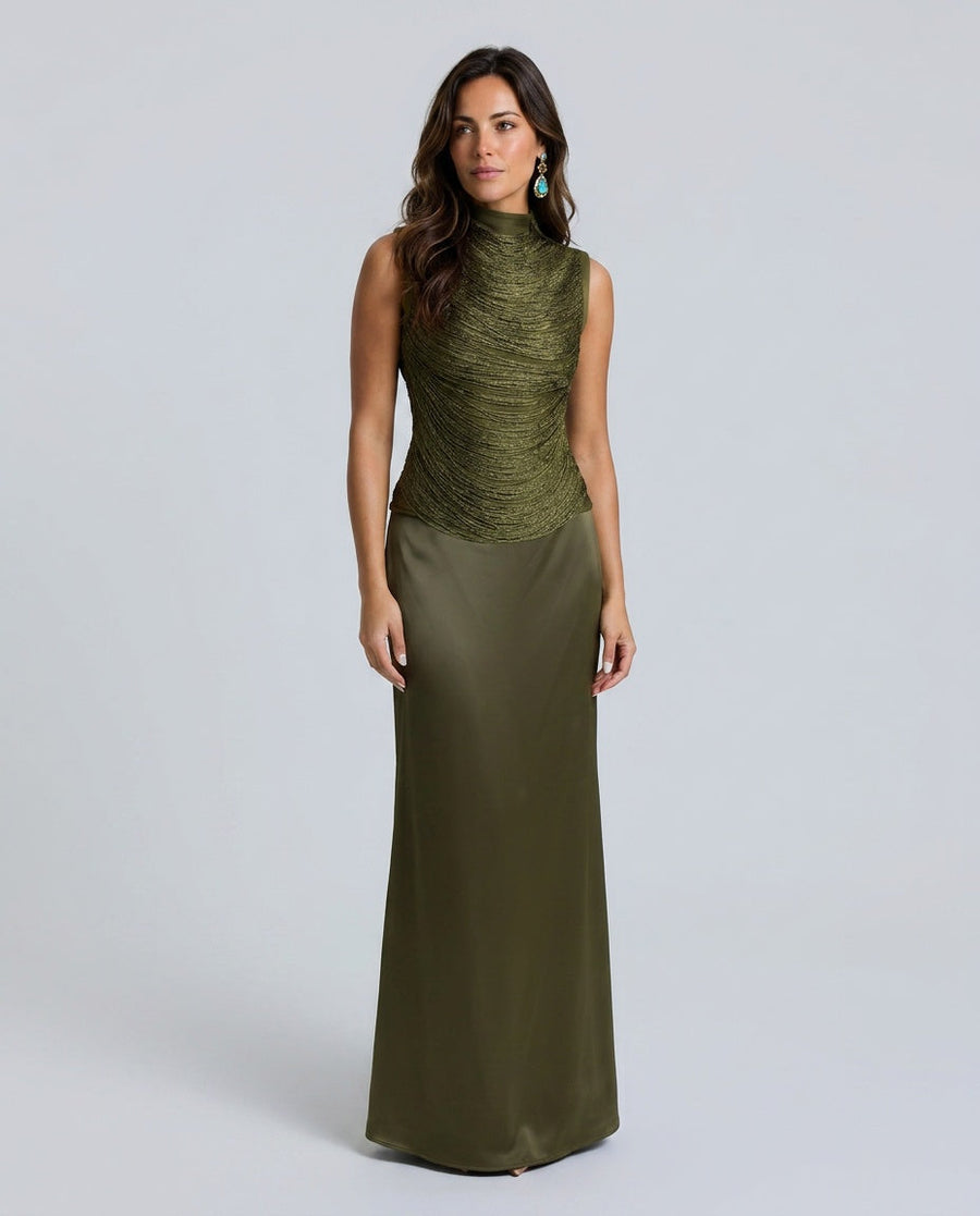 Women's Two Piece Skirt And Top | Mock Neck Sleeveless Ruched Knit