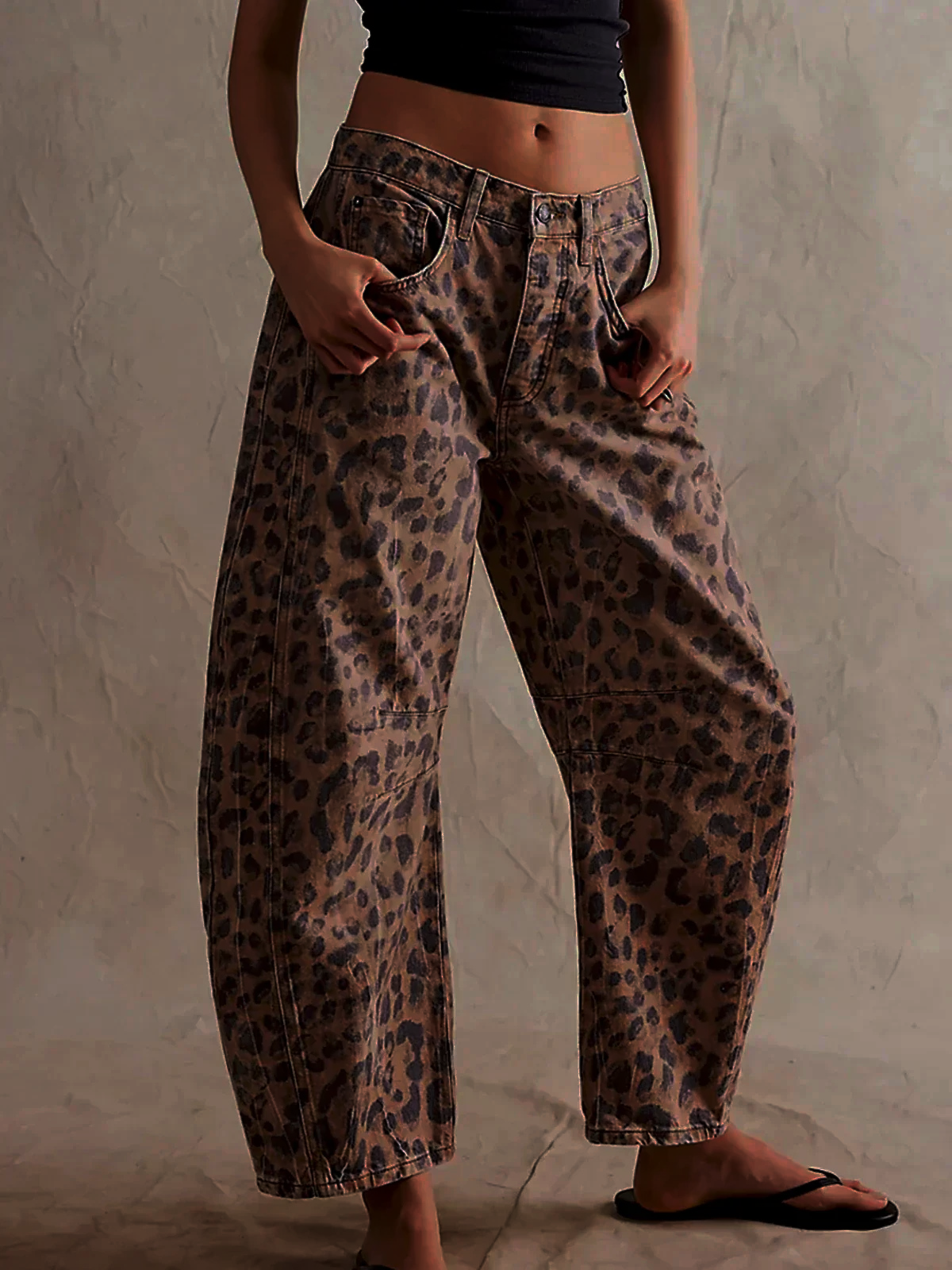 Women's Bootcut Jeans | Leopard Print Barrel Leg Relaxed Cropped