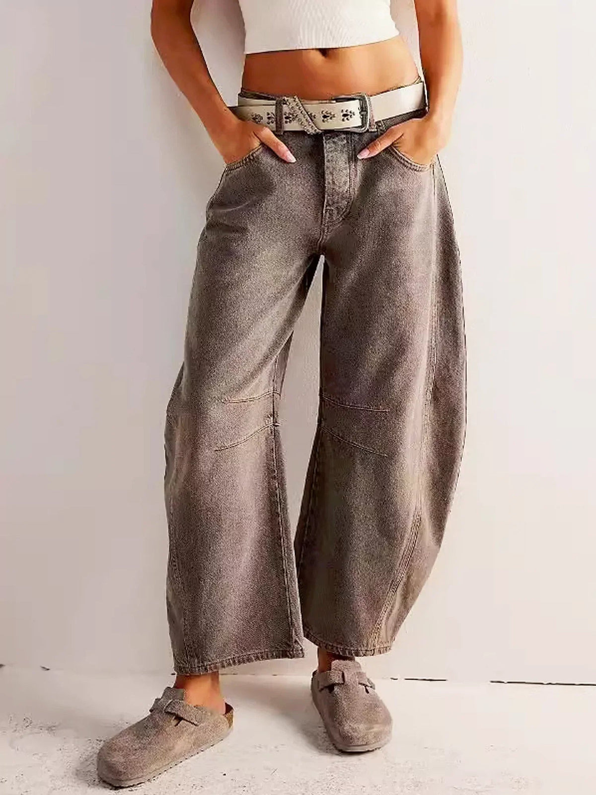 Women's Bootcut Jeans | Leopard Print Barrel Leg Relaxed Cropped