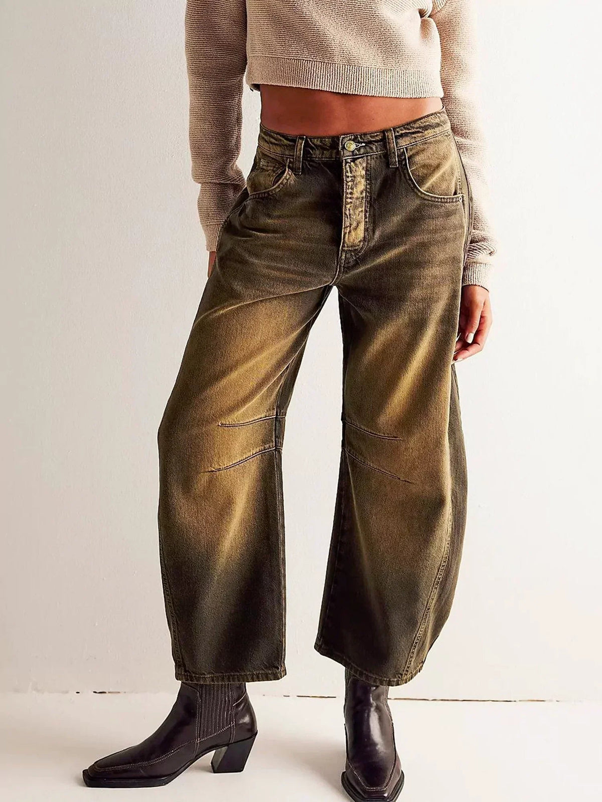 Women's Bootcut Jeans | Leopard Print Barrel Leg Relaxed Cropped