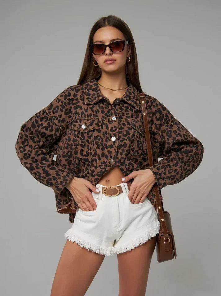Women's Denim Jacket | Leopard Print Shirt Collar Button Front