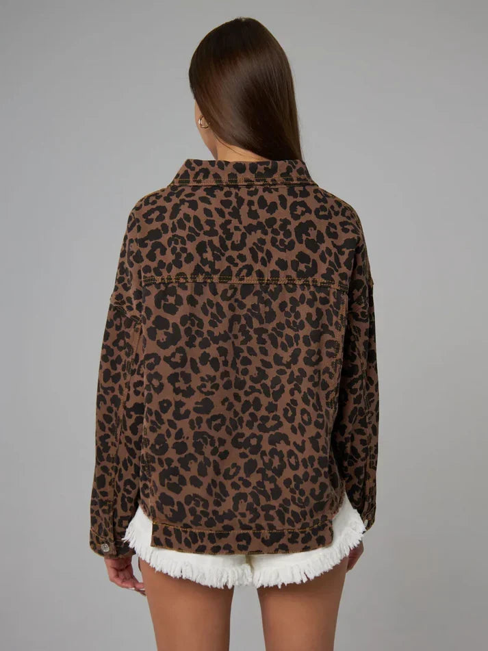 Women's Denim Jacket | Leopard Print Shirt Collar Button Front