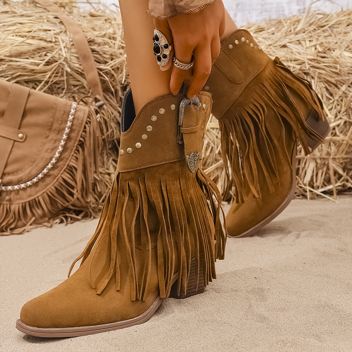 Lila | Women’s Wide Calf Western Fringe Cowboy Boots With Studded Detailing 1