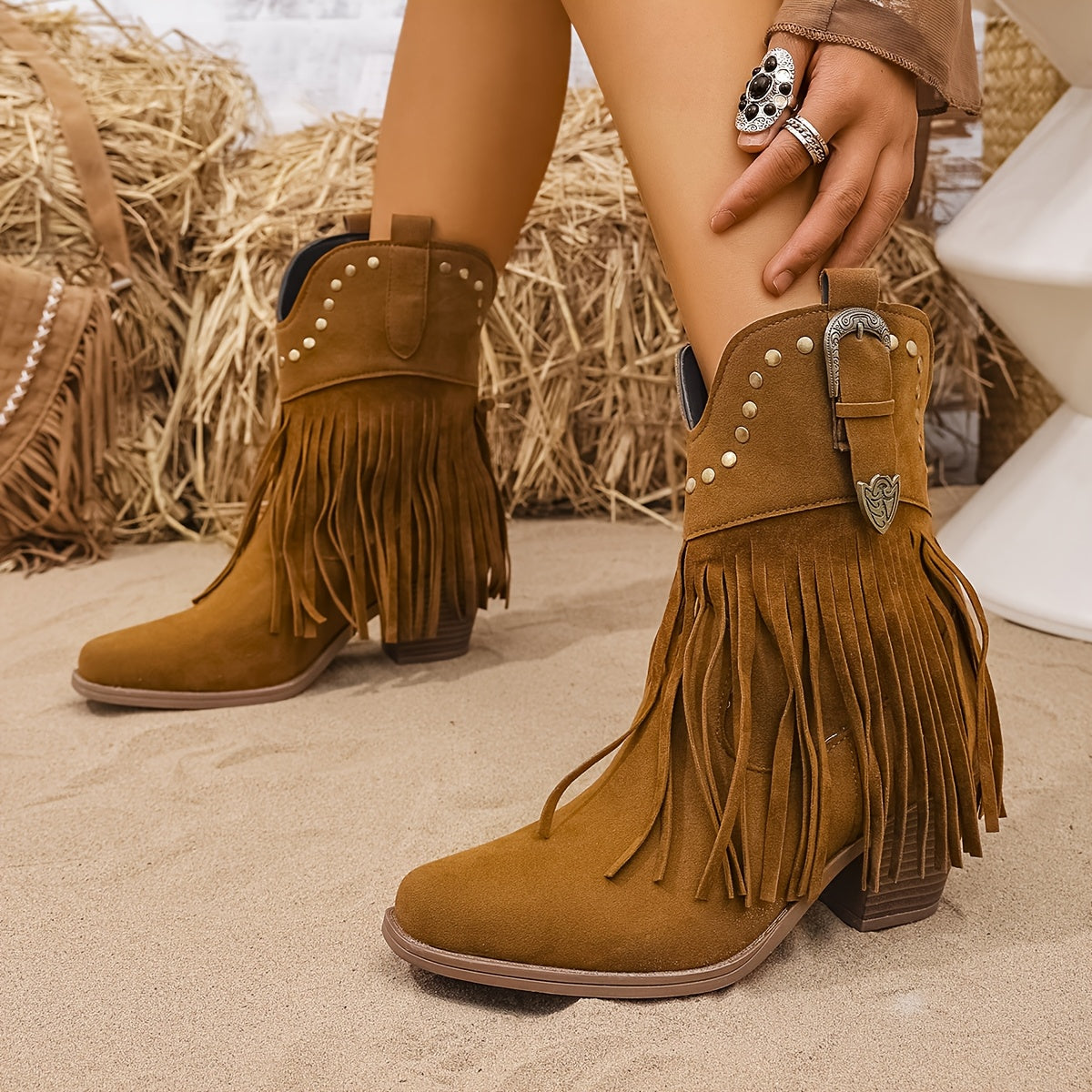 Lila | Women’s Wide Calf Western Fringe Cowboy Boots With Studded Detailing 7