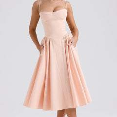Women's Cocktail Wedding Guest Dress | Midi Sweetheart Neckline Spaghetti Strap