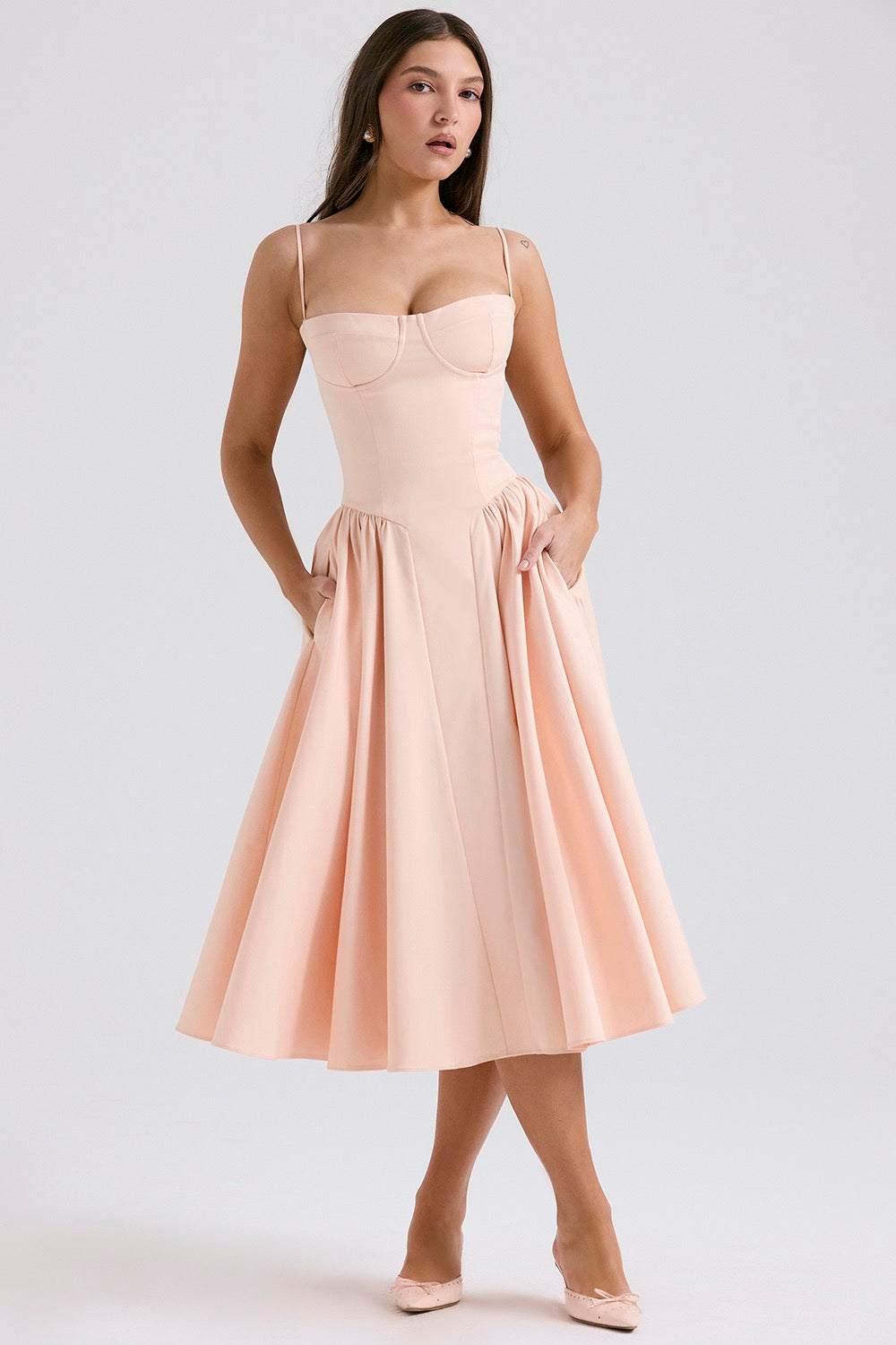 Women's Cocktail Wedding Guest Dress | Midi Sweetheart Neckline Spaghetti Strap