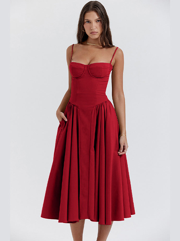 Women's Cocktail Wedding Guest Dress | Midi Sweetheart Neckline Spaghetti Strap