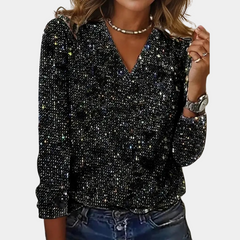 Women's Sequin Top | V-Neck Long Sleeve Glitter