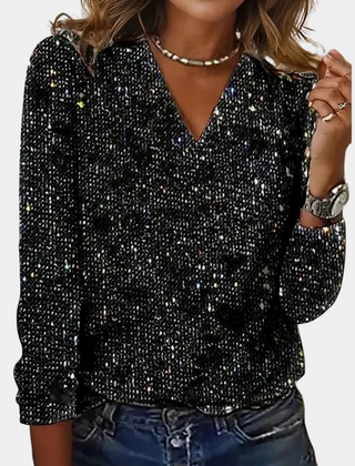 Women's Sequin Top | V-Neck Long Sleeve Glitter