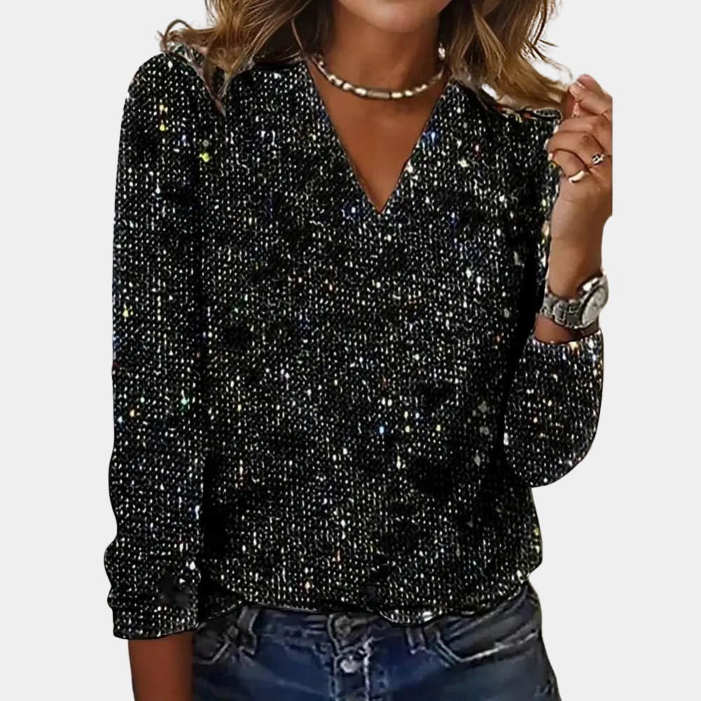 Women's Sequin Top | V-Neck Long Sleeve Glitter