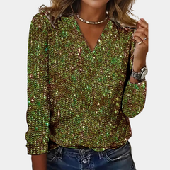 Women's Sequin Top | V-Neck Long Sleeve Glitter