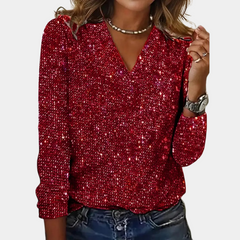 Women's Sequin Top | V-Neck Long Sleeve Glitter