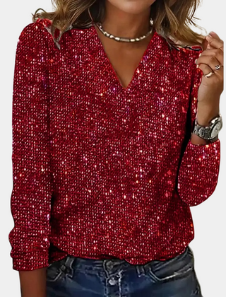 Women's Sequin Top | V-Neck Long Sleeve Glitter