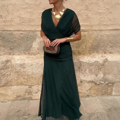 Women's Green Bridesmaid Dress | V-Neck Maxi Pleated Waist Short Sleeve