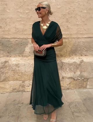 Women's Green Bridesmaid Dress | V-Neck Maxi Pleated Waist Short Sleeve