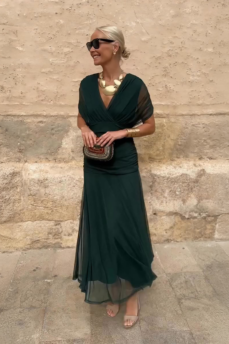 Women's Green Bridesmaid Dress | V-Neck Maxi Pleated Waist Short Sleeve