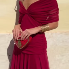 Women's Green Bridesmaid Dress | V-Neck Maxi Pleated Waist Short Sleeve