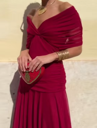 Women's Green Bridesmaid Dress | V-Neck Maxi Pleated Waist Short Sleeve