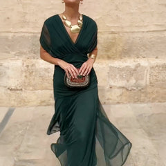Women's Green Bridesmaid Dress | V-Neck Maxi Pleated Waist Short Sleeve