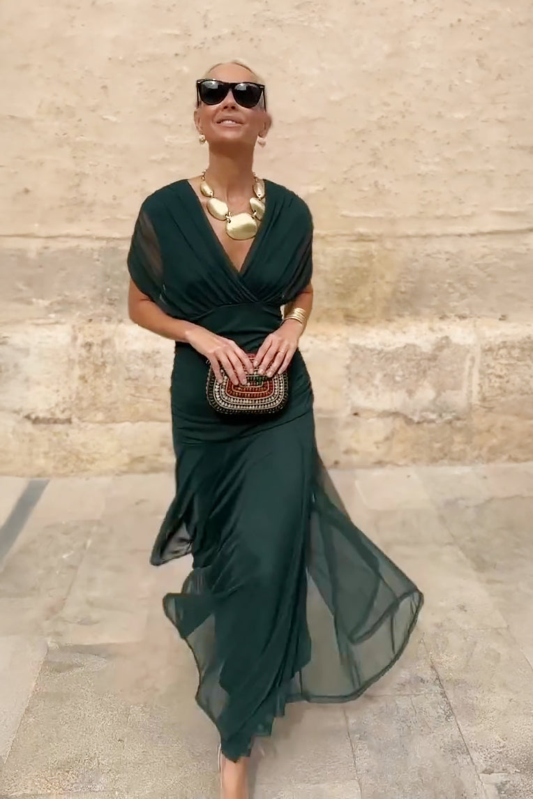 Women's Green Bridesmaid Dress | V-Neck Maxi Pleated Waist Short Sleeve