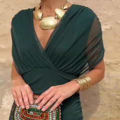 Women's Green Bridesmaid Dress | V-Neck Maxi Pleated Waist Short Sleeve