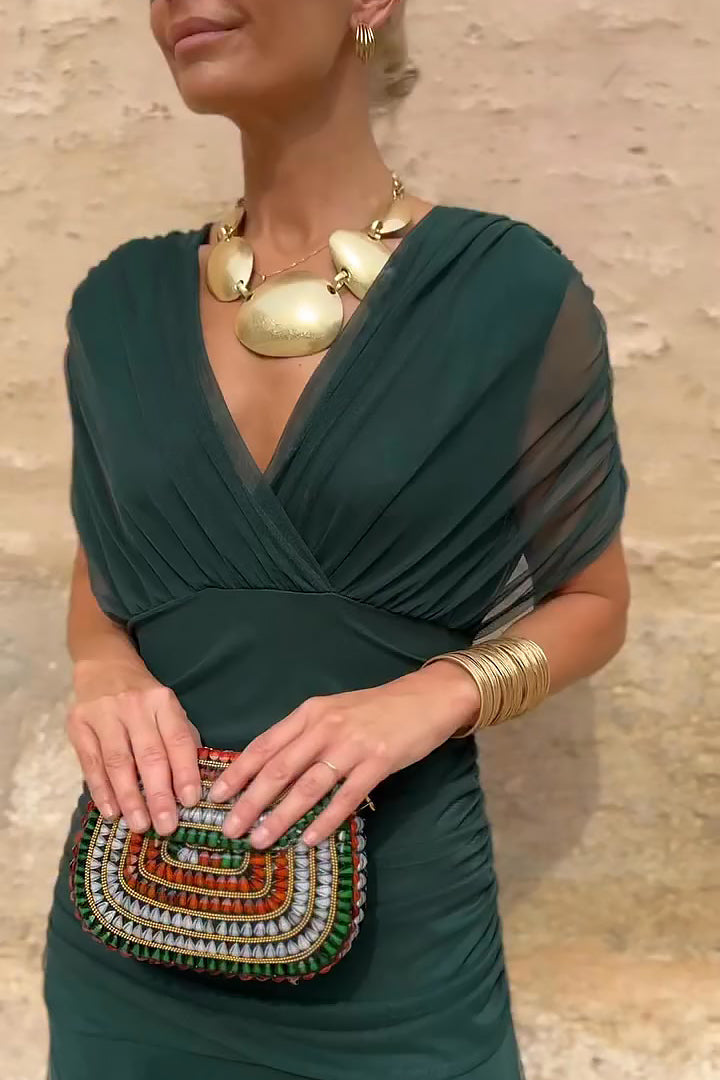Women's Green Bridesmaid Dress | V-Neck Maxi Pleated Waist Short Sleeve