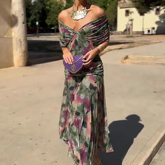 Women's Green Bridesmaid Dress | V-Neck Maxi Pleated Waist Short Sleeve