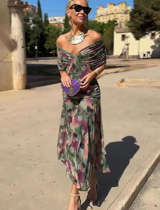 Women's Green Bridesmaid Dress | V-Neck Maxi Pleated Waist Short Sleeve